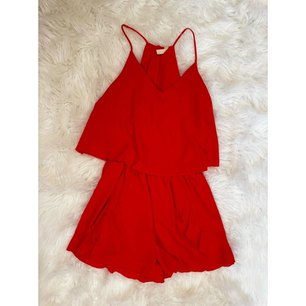 Red Orange Coral Ruffle Romper Small Flowy Layered V-Neck Summer Vacation Outfit - Picture 3 of 12
